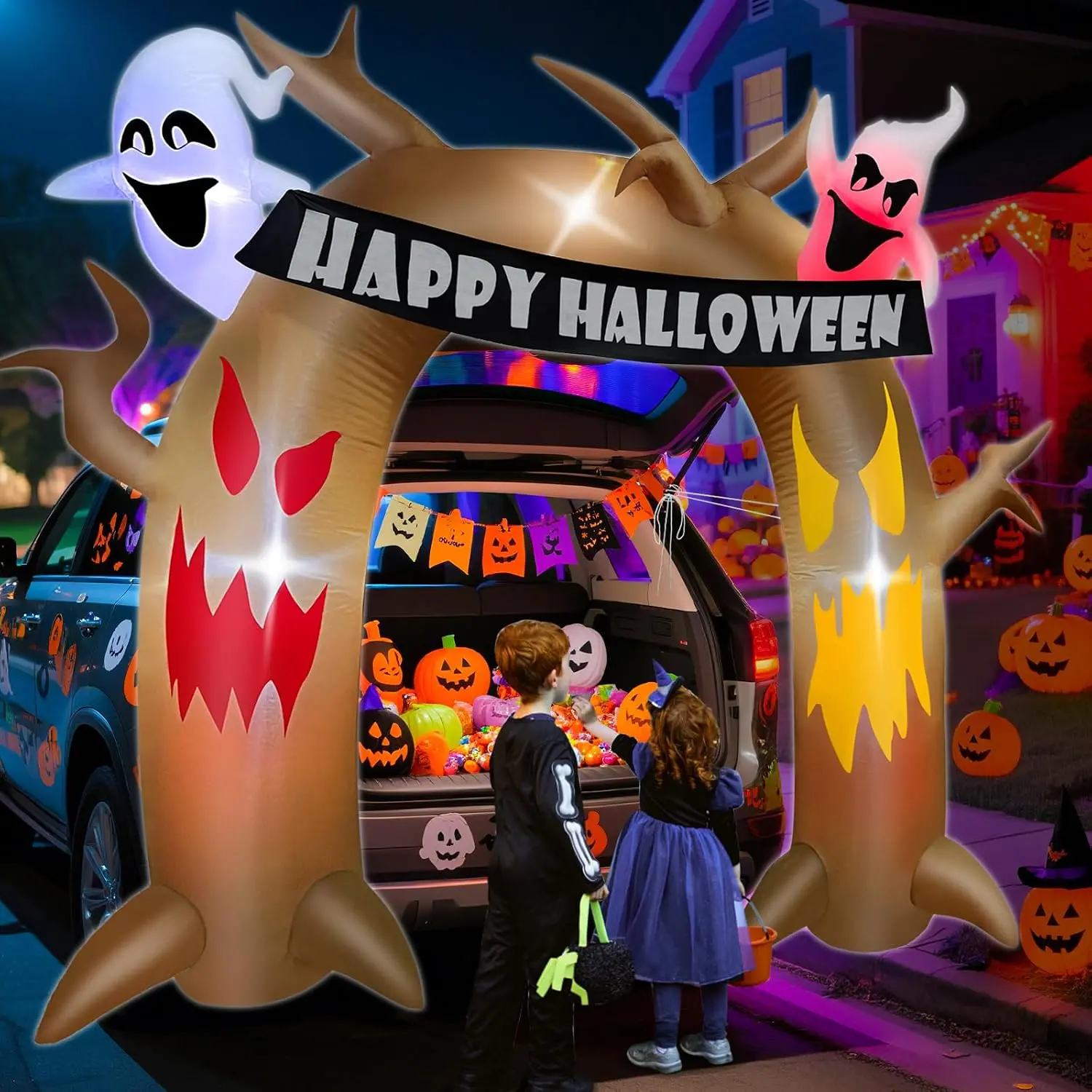 5 Ft Halloween Inflatable Dead Tree Arch - Waterproof, Easy-Install, Automatic 0.8V Outdoor Festive Piece with Built-In Lights, Haunted Ghosts, Banner Holder for Car Trunk Trick-or-Treat Displays, Arch Trellis
