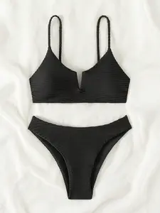 2 Piece Set Minimalist Sexy Deep V High Waist Bikini, Breathable Texture for Flattering Fit, Perfect for Beach and Pool Parties, Ruched Bikini Bottoms