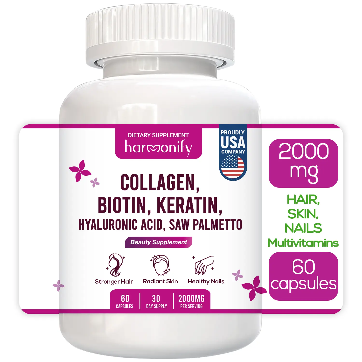 HARMONIFY Collagen Biotin Keratin Hyaluronic Acid Complex Supplement 18 Herbal Dietary Ingredients 1000 mg for Hair Growth & Healthy Skin and Nail