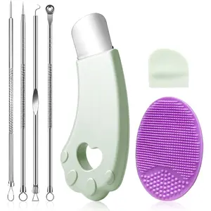 304 Stainless Steel Blackhead Remover Tools Set - Pimple & Blemish Extractor, Pore Scrubber Spatula, Soft Silicone Cleansing Brush, 4 Plastic Blackhead Needles for Daily Face & Nose Deep Pore Cleaning