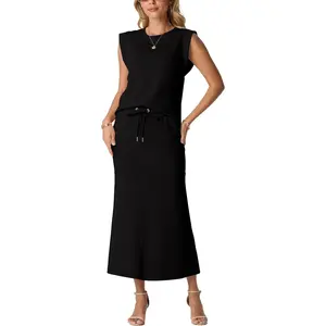GRECERELLE Women Summer 2 Piece Sets Round Neck Wrinkle-Free Top & Elastic Waist Midi Fishtail Skirt with Pockets(XS-3XL)