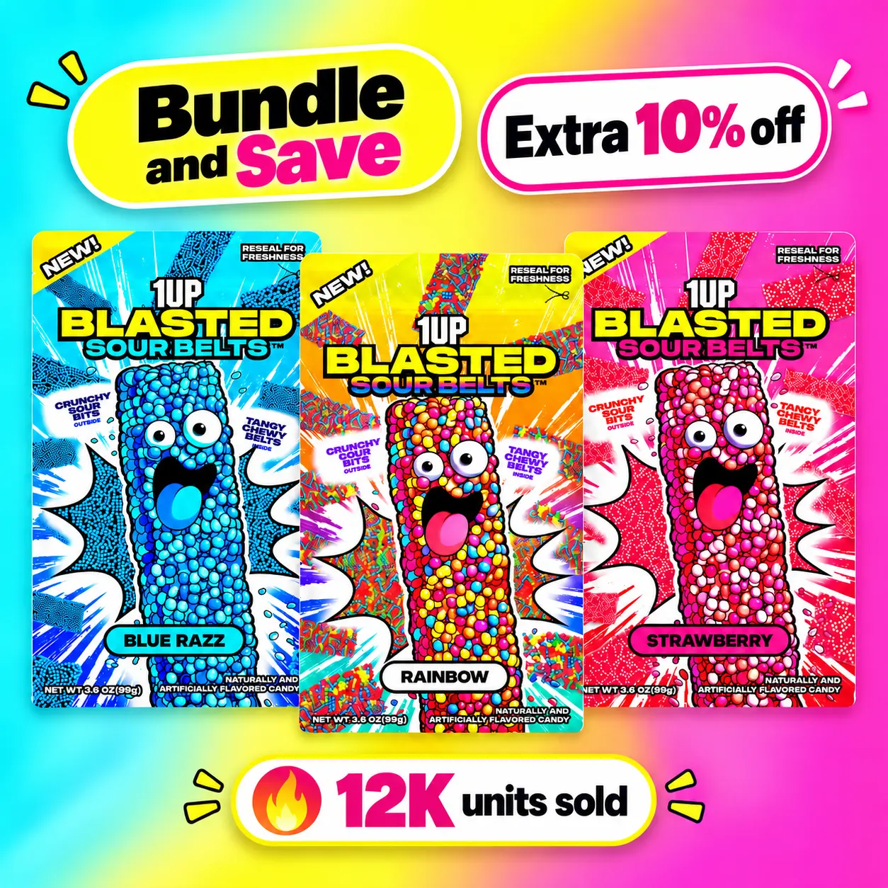1UP Candy Blasted Sour Belts – Blasted Kit | Crunchy-Coated Sour Candy Variety Pack (3 Bags)