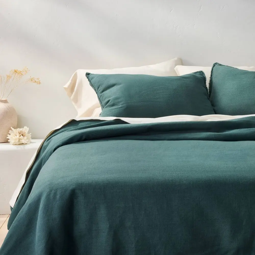 King/California King Heavyweight Linen Blend Comforter & Sham Set Dark Teal Blue - Casaluna: Woven Rayon Zipper Closure