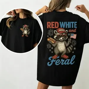 Red White And Feral Raccoon 4th Of July T-Shirt, Patriotic USA Flag Front Back Print Tee, Funny Independence Day Summer Gift Shirt, Full Colors, Full Sizes