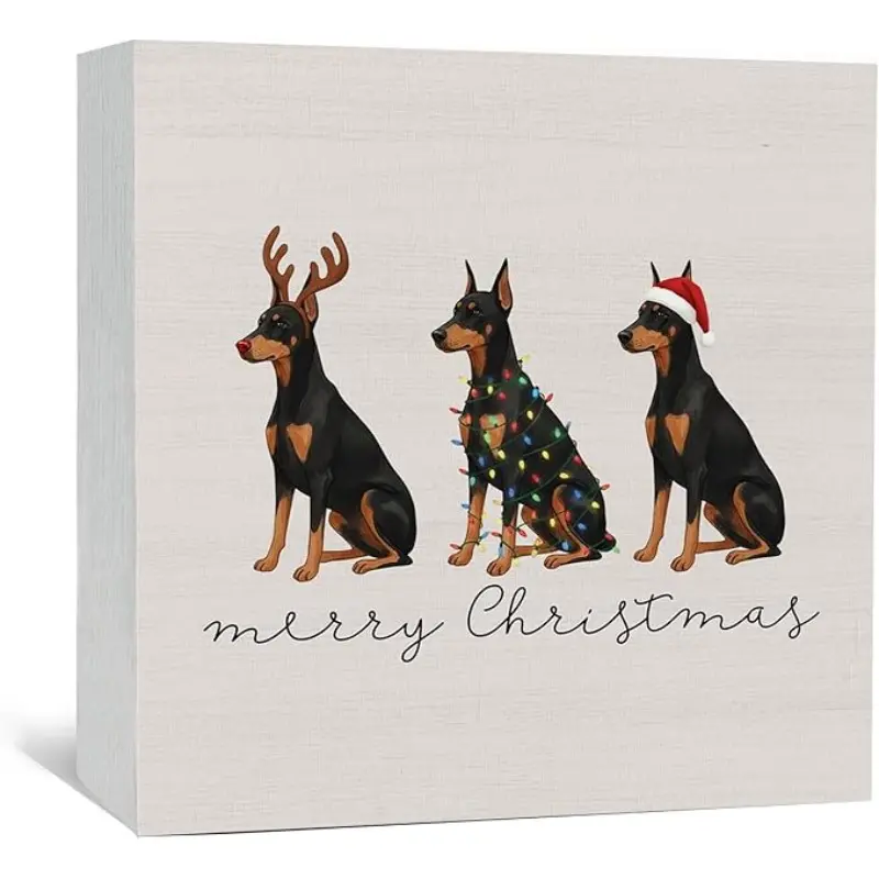 Doberman Dog Christmas Decor Sign, Dog Animal Winter Christmas Wooden Box Signs for Home Kitchen Bedroom Bathroom, Doberman Gifts for Women,5x5 inch