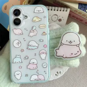 2-in-1 Blue Airbag Protective Case Full Screen Cute Seal Phone Case Protector with Bracket for iPhone 11 12 13 14 15 16 pro max