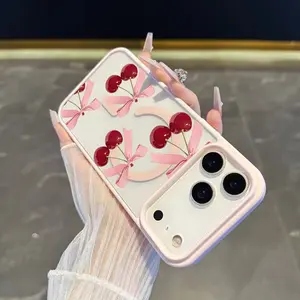 Cherry bow tie magnetic phone case, fashionable design, high-quality printing, magnetic cover, for fashion enthusiasts, suitable for iPhone 11/12/13/14/15/16/17/X/XS/XSMAX, a holiday gift for friends, family, and yourself.