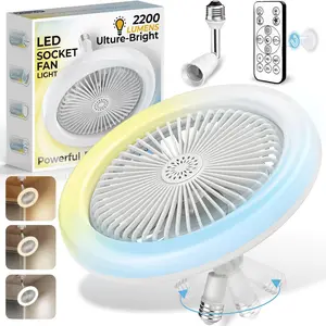 Adjustable Socket Fan Light with Remote and Extender, 2200LM Enclosed LED Light Bulb Fan, Small Screw in Bladeless Ceiling Fan in Light Low Profile, Mini Socket Air Light and fan for Bedroom Garage