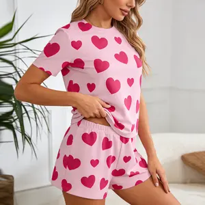 Women's Pink Heart Print Pajama Set Soft Short Sleeve Top & Elastic Waist Shorts Romantic Sleepwear Comfy Loungewear All Seasons Homewear