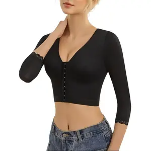 Women's high support anti roll lace trimmed shaping top - long sleeved shaping garment, front hook and closed eyes, nylon/spandex blend, enhanced curves, casual elegant solid color, anti roll shaping garment Womenswear Shapewear