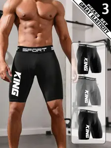 3 Pack Men's Compression Shorts, High Elastic Quick-Dry Fabric with Bold "KING" Logo Print, Professional Muscle Support for Gym Training, Running & Weightlifting,  Athletic Base Layer, Breathable & Soft.