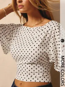 Women's Polka Dot Print Wide Collar Short Sleeve Batwing Sleeves Slim Fit Waist Cinching Casual Everyday Top T-Shirt, Ideal for Daily, Parties, Office Wear