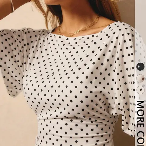 Women's Casual Polka Dot Print Short Sleeve Cropped Top, Batwing Sleeve, Ideal for Daily Wear, Parties and Office Occasions