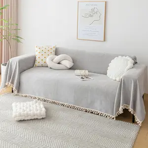 Boho Couch Cover Washable Sofa Cover with Tassel for 3 Cushion Couch Sofa, Sectional Couch Covers Sofa Blanket Cover Furniture Protector for Dogs Pet Friendly, Grey, 71"x 118"