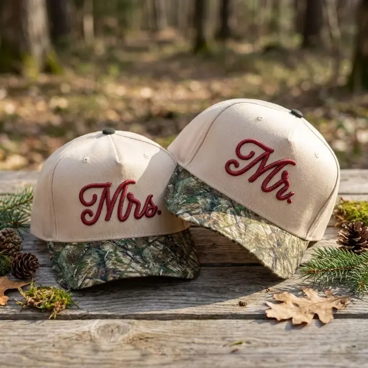 Mr and Mrs Hats, Embroidered Camo Caps, Matching Couple Hats, Rustic Wedding Accessory