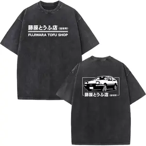 Washed Vintage Short Sleeve T-shirt Anime Initial D Drift AE86 Racing Car T Shirt Takumi Fujiwara R34 Skyline GTR JDM T-shirts