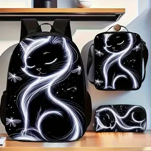 3pcs Cat Print Unisex Backpack. 3pcs Include a Large-Capacity Backpack, a Shoulder Bag, And a Pencil Case, for Teenager, For Teenager
