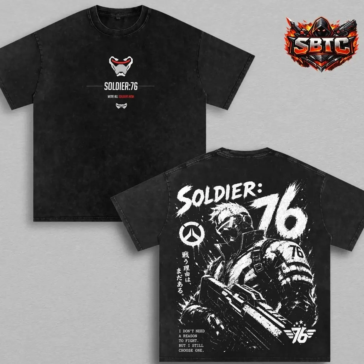 Overwatch Soldier: 76 Vintage Washed T-Shirt, Double-Sided Graphic Tee, Tactical Hero Oversized Heavyweight Cotton Shirt, Futuristic FPS Gaming Streetwear, Classic Shooter Fan Gift for Men and Women 8N0