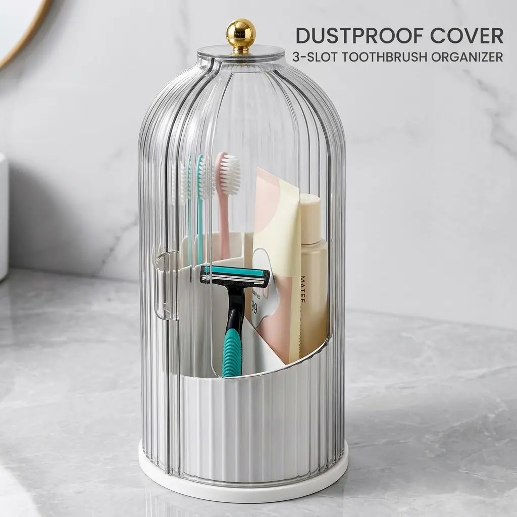 Dustproof Toothbrush Holder with Cover, Rotating Bathroom Countertop Organizer with 3 Compartments for Electric Toothbrushes, Toothpaste, Makeup Brushes and Razors, Space-Saving Vanity Storage for Home, Dorm Room and Apartment