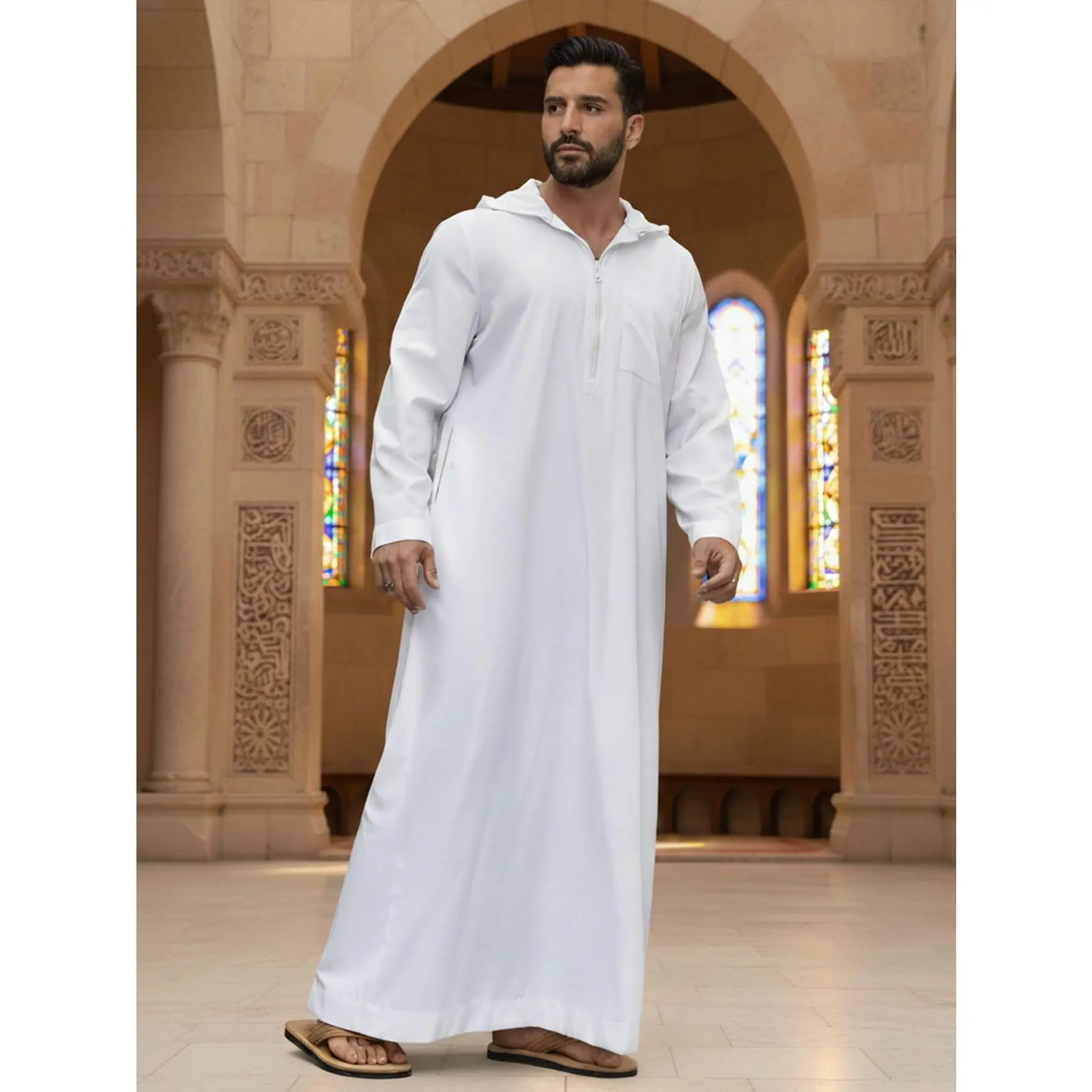 Men's Plain Solid-Colored Moroccan Thobe - Long-Sleeve Hooded Zip-Up Polyester Robe, Casual Modest Islamic Attire, Perfect Gift for Ramadan, Middle Eastern Traditional Style, Size M