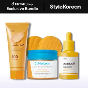 [StyleKorean] Turmeric Dark Spot Eraser Trio Set (Dr.melaxin Kojic Acid Tumeric toner pads, Medicube Toning Whip Cleanser, serum)