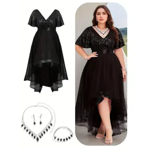 Plus Size Women'S Elegant V-Neck Short Sleeve Sequin & Mesh Mermaid-to-Flared Dress with Necklace Earrings Bracelet Set - Long Formal Wedding Party Prom Bridesmaid Gown, A-Line Silhouette, Asymmetrical Hem, All-Season Solid
