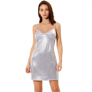 Allegra K Women's Sparkly Metallic Spaghetti Strap Party Mini Dress Silver X-Large