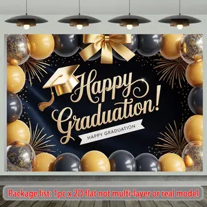 A Flat 2D Banner Featuring a Graduation Message Adorned with Balloons And a Bow. It Has a Landscape Backdrop, Made of Fabric, Suitable for Traditional Decor, Classroom And Office Settings