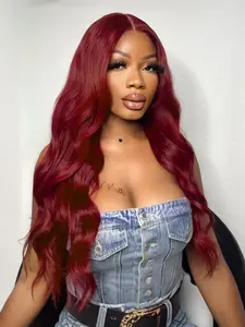 Burgundy Body Wave Lace Front Wigs Wavy Synthetic Hair Heat Resistant Synthetic Material Wigs Wine Red Pre Plucked Wigs 13x4 for Women Cosplay Halloween Use Party Wigs 32 Inch
