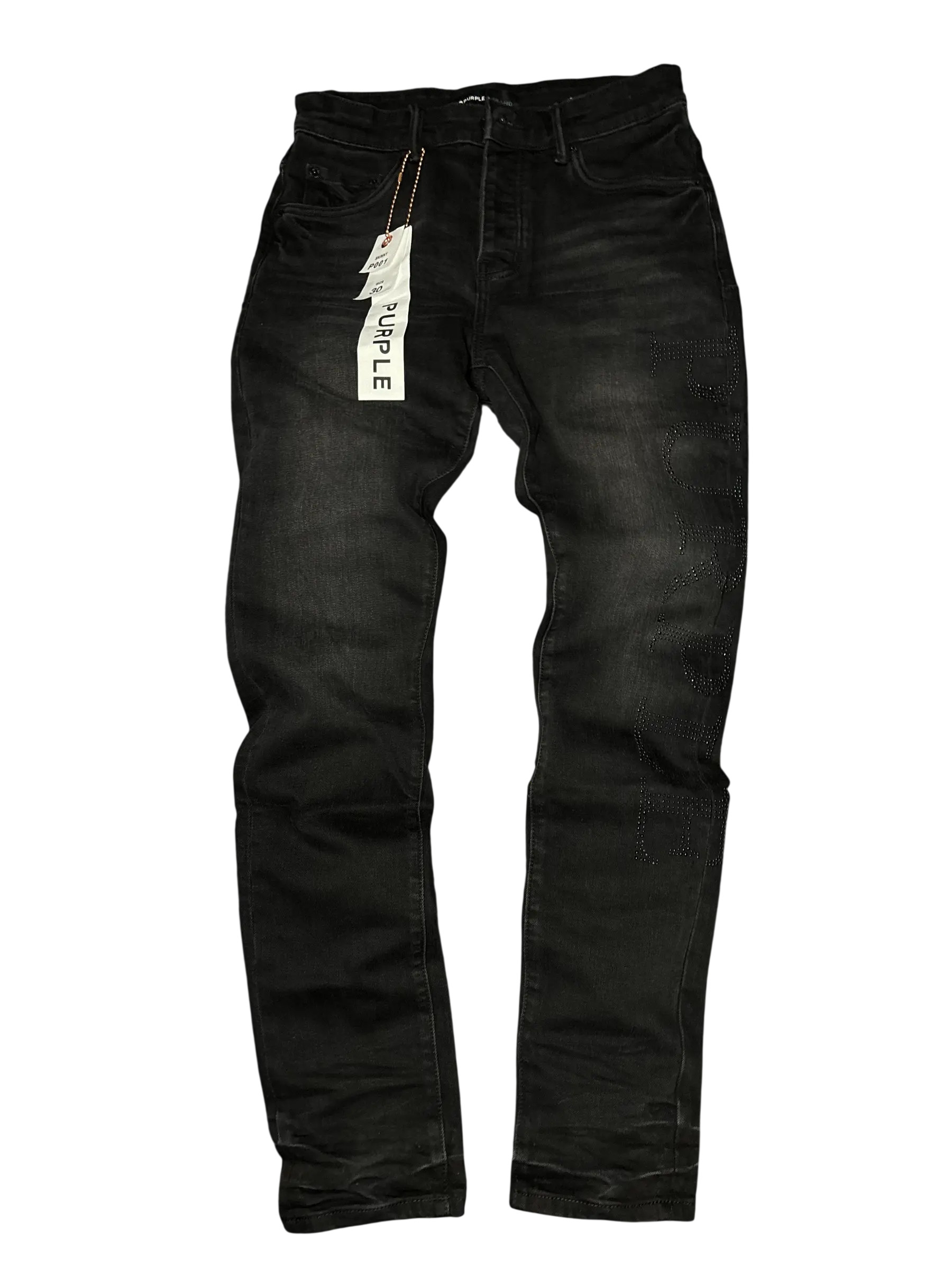 PURPLE BRAND BLACK WASH RHINESTONE LOGO JEANS