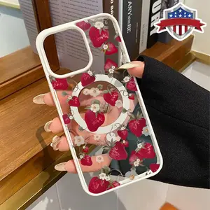 Strawberry Flower Pattern Magnetic Phone Case Supports Wireless Charging for iPhone 17 15 16 14 Pro Max 13 12 11 AIR XR XS Plus E Shockproof Non Slip Protection Silicone Transparent Acrylic Cover Cellphone Protective