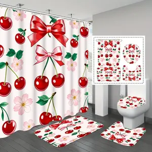 Cherry & Bow Pattern Shower Curtain Set, 1/3/4pcs, Non-Slip Mat, Toilet Seat Cover, 12 Plastic Hooks, Bathroom Decor, Gift Idea, Restroom Bathroom Accessories