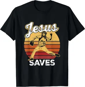 Retro Jesus a Saves Baseball Pitcher Fan Christian T-Shirt Pure Cotton Graphic Tees Menswear Top: Gifts for Men & Women
