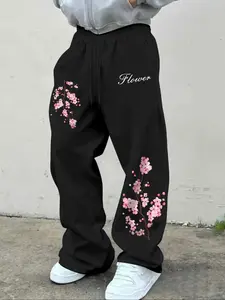 American Vintage Cherry Blossom Print Drawstring Wide Leg Sweatpants, Loose Fit Casual Pants, Unisex Summer Streetwear