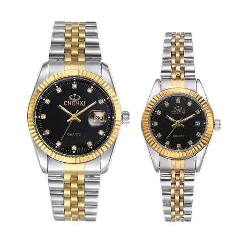OIDEA Luxury Statement Couple Quartz Watch Set - Men's & Women's, Round Luminous Rhinestone Dial, Date Display, Japanese Movement, 3 ATM, Gift-Box, Link Tool for Fit Tuning, Durable, Stainless Steel, Batteries Included, Ideal for Christmas