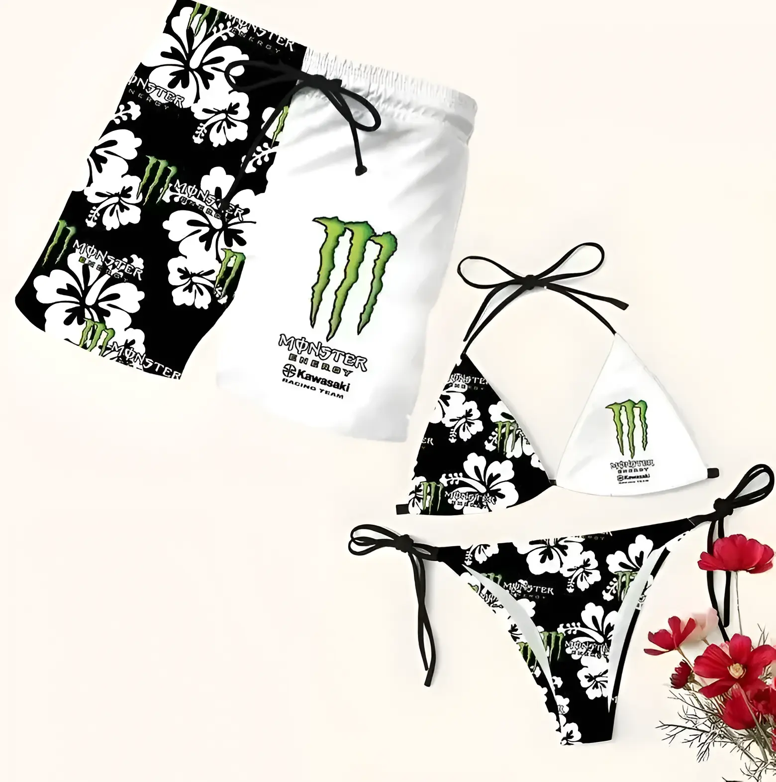 Matching Monster Floral Swimsuits for Couples, Swim Bra & Tie Side String Bikini with Men's Beach Shorts, Tropical Summer Vacation Swimwear Set