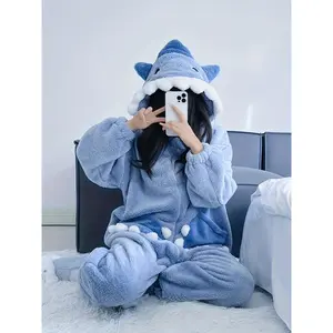 Cartoon Shark Hooded Jumpsuit For Carnaval & Music Festival, Long Sleeve Zipper Fuzzy Pajamas, Women's Sleepwear & Loungewear