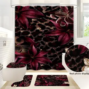 JIT 1/3/4 pcs Bathroom Set - Purple Lily and Golden Leopard Pattern Bathroom Decor Set - Bathtub Cover, Bath Mat, Shower Curtain, 12 Hooks, Suitable for Bathroom Home Decoration