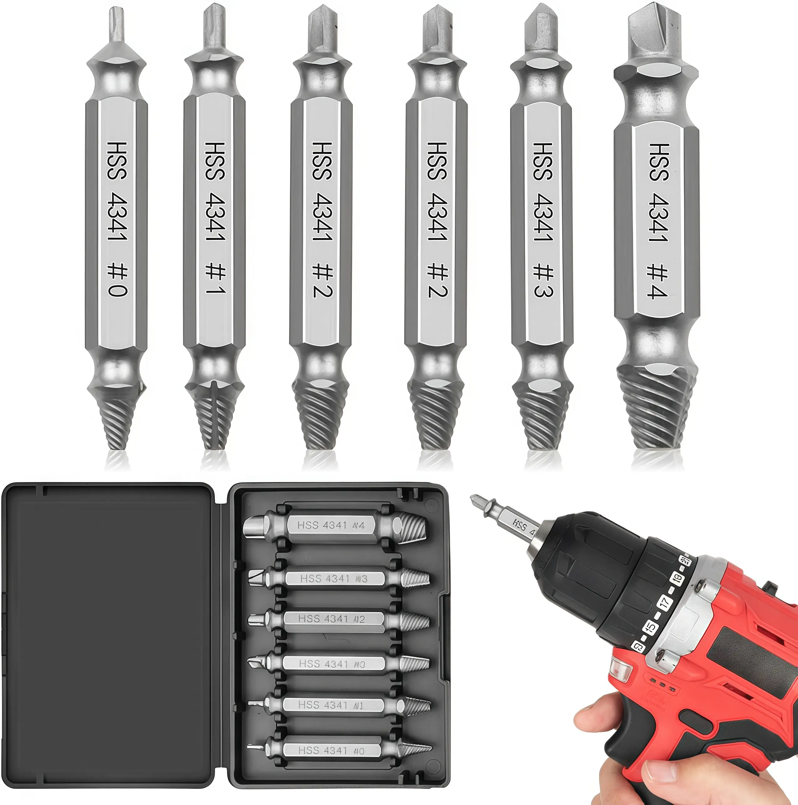 6Pcs Screw Extractor Set, HSS 4341 Double Ended Broken Bolt Remover, Stripped Damaged Screw Extractor Kit for Electric Drill