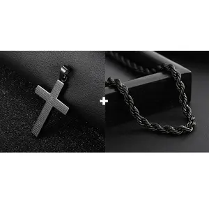 Cross Pendant Necklace For Men Women Stainless Steel Jesus Christ Cross Charm Rope Chain Necklace  Black Color Religion Jewelry 5mm Wide  18/20/22/24 inch