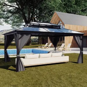 【GARVEE】12'x16' Permanent Hardtop Gazebo - Double Polycarbonate Roof & Aluminum Frame w/ Net & Curtain for Patio & Backyard (Grey)