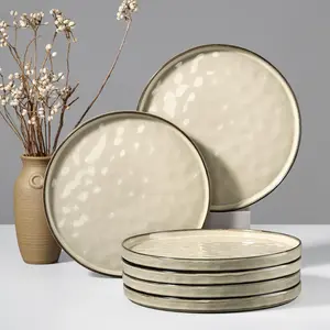 Stoneware Dinner Plates Set of 6, 10" Heavy Duty Ceramic Plate, Reactive  Ripple Dinnerware for  Restaurant, Chip and Scratch Resistant, Microwave and Dishwasher Safe, Saturn Khaki