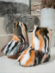 Women's Winter Fashion Colorful Faux Fur Boots, Thick Outdoor Snow Boots, Warm Comfortable Design, Ideal for Cold Weather, Footwear Boot