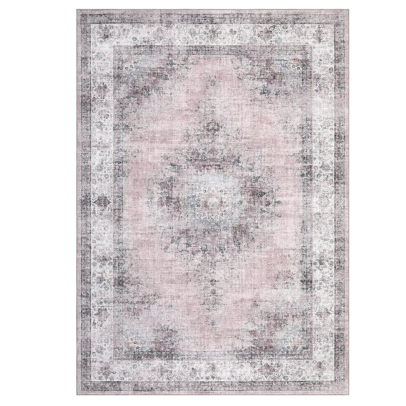 10x13 ft Pink Polyester Rectangular Vintage Floral Medallion Area Rug, Durable Area Rugs for Living Room & Bedroom, Machine Washable Clean Household Textile Carpet, Clean Area Rugs