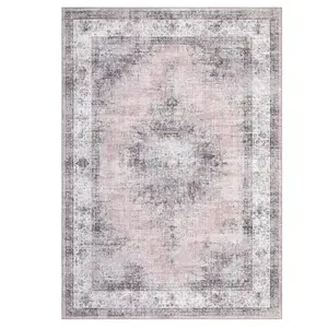 10x13 ft Pink Polyester Rectangular Vintage Floral Medallion Area Rug, Durable Area Rugs for Living Room & Bedroom, Machine Washable Household Textile Carpet