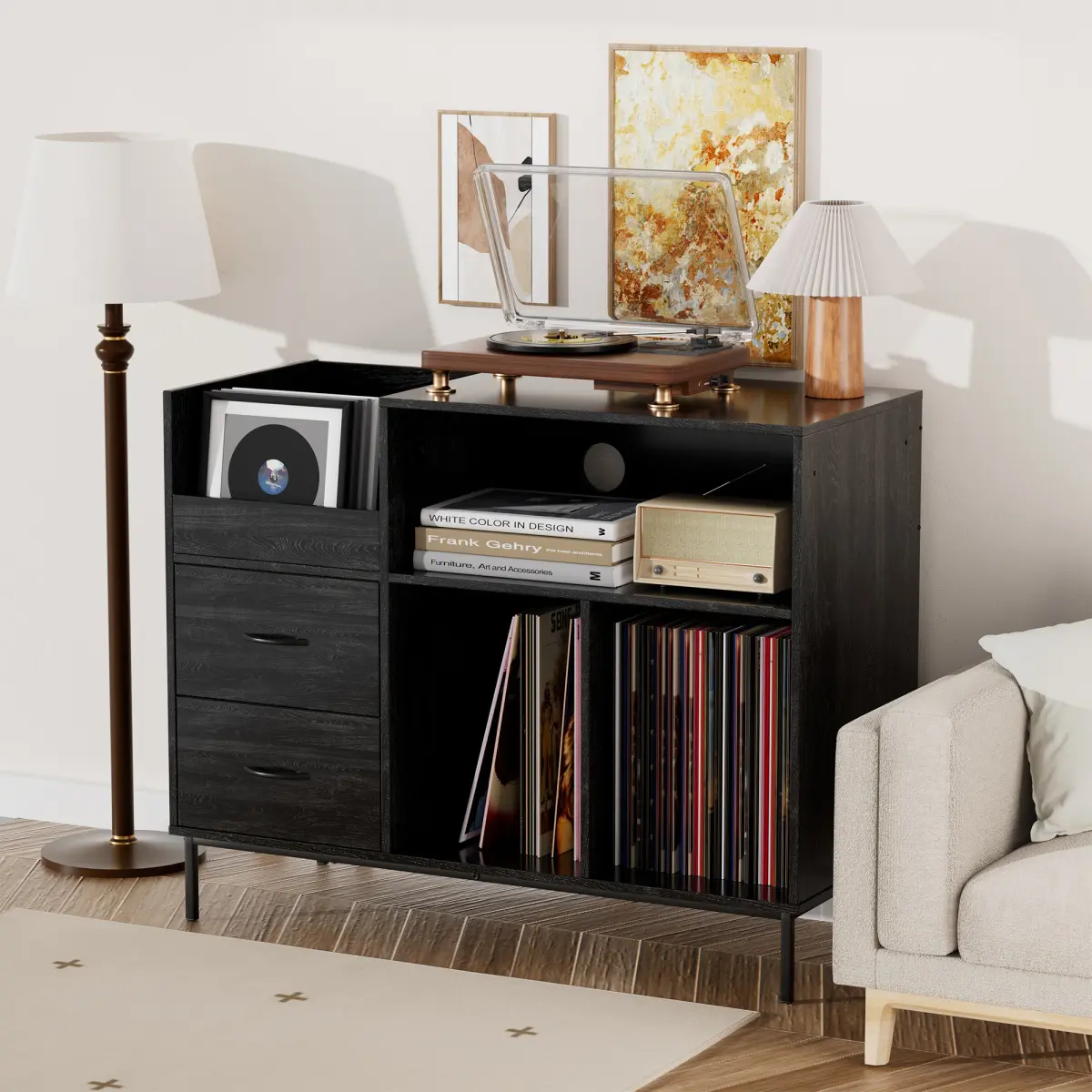 Eco-Friendly Record Player Stand with Flip-Top - Wood Vinyl Storage Cabinet with 2-Outlet Power Strip, Drawers & Dustproof Cubbies, Media Console for Living Room/Study, Black