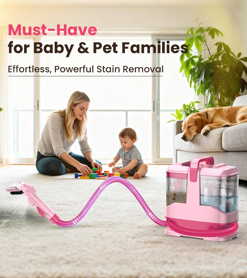 [NewYearSale!] Upholstery Carpet Vacuum Cleaner, 18KPa Suction Spot Cleaning Machine for Pet Stains, Carpets, Sofa, Car Seats, Mattress, with 3 Multipurpose Cleaning Tools, 6'' Deep Cleaning Brush | Portable 3-in-1 Little Pink C9S