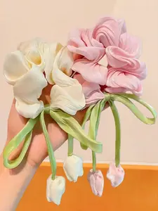 2pcs Floral Scrunchies, Elegant Tassel Ribbon Hair Ties, Dreamy Hair Accessories for Women, Perfect for Spring Summer, Outdoor Activities