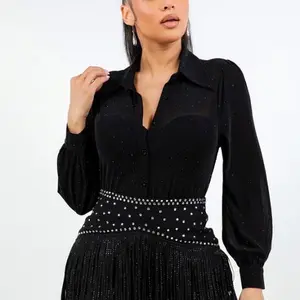 Women's Long-Sleeve Rhinestone-Embellished Maroon Sherazade Blouse - Button-Up Top with Comfortable Fit and Stylish Design, On-Trend Style for Ladies