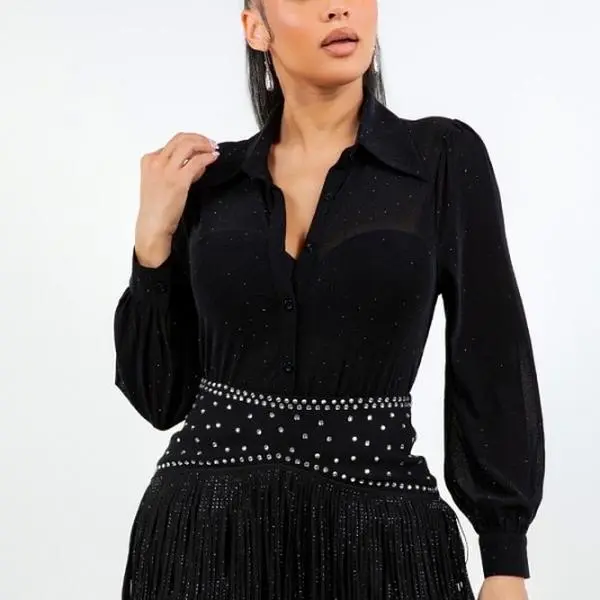 Women's Maroon Rhinestone Blouse, Fitted Long Sleeve Button-Front Shirt, Comfortable High Stretch Tops, Button Front Neckline, Rhinestones, Ootd Ideas, Wardrobe Staples, Fashion Inspiration, Effortless Chic, Quiet Luxury, 9To5 Work Lifestyle, Basic